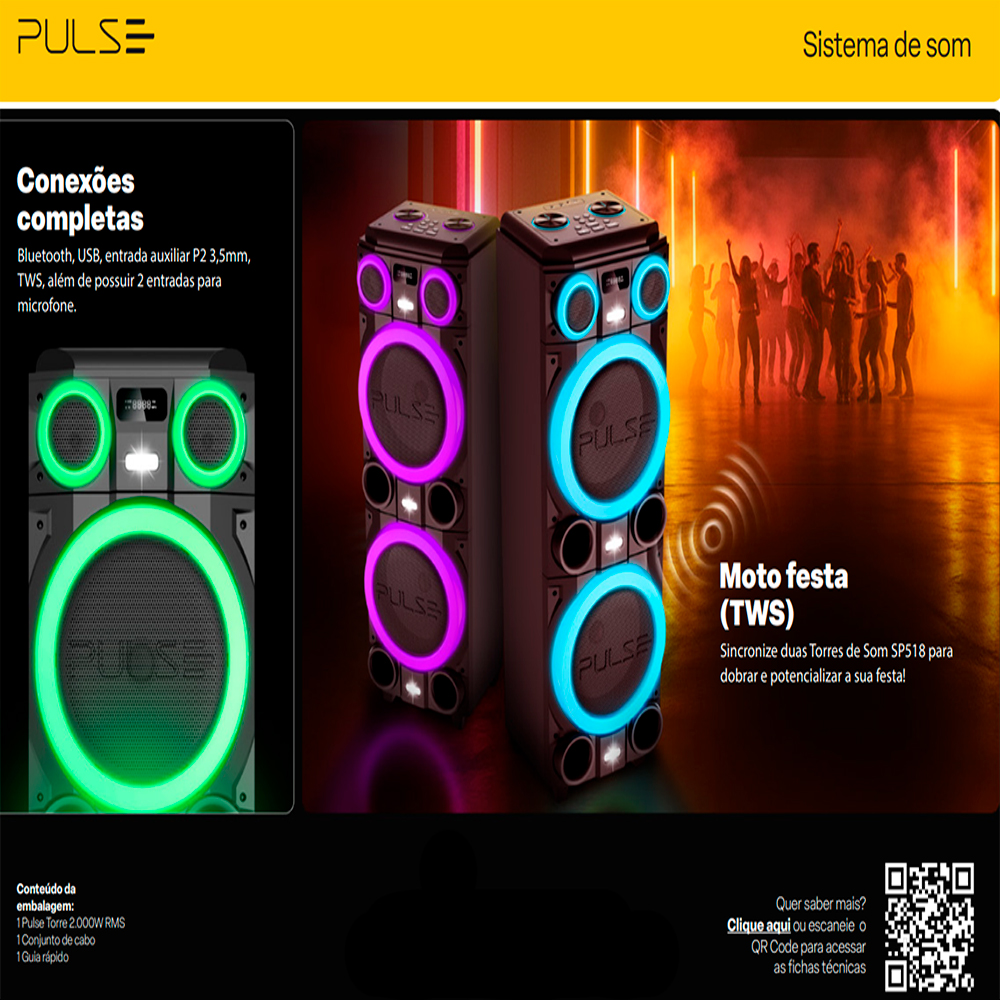 Caixa De Som Pulse Torre SP518 2000W Bluetooth
