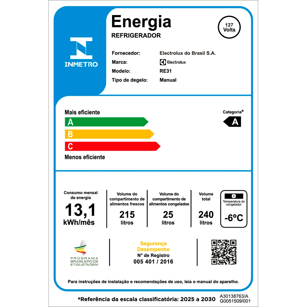 Geladeira Electrolux 240L Cycle Defrost 1 Porta RE31