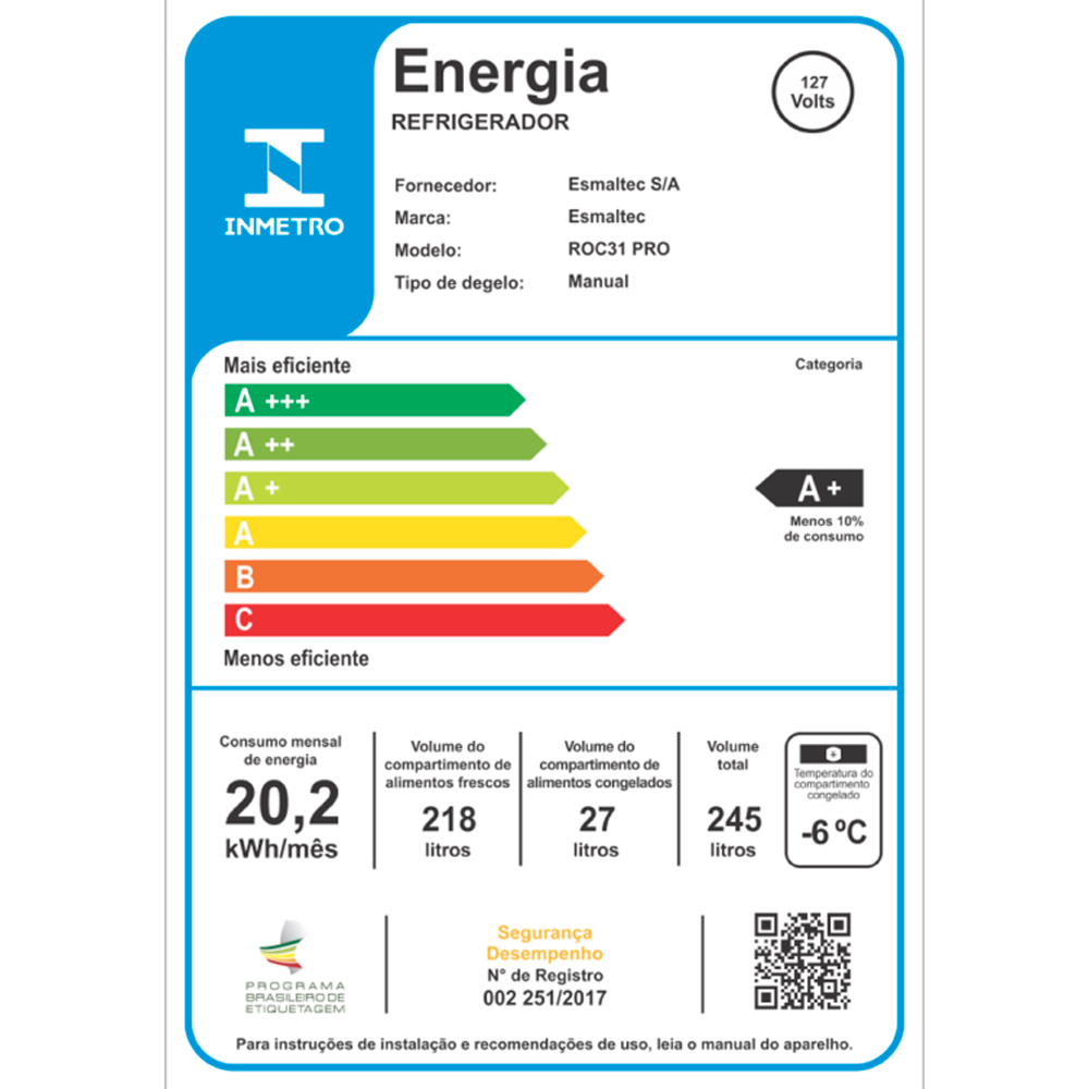 Geladeira Esmaltec 245L Cycle Defrost Inverter ROC31 Pro
