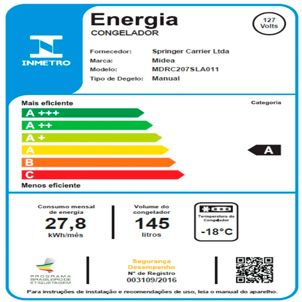 Freezer Midea 145L 1 Porta Horizontal MDRC207SLA01