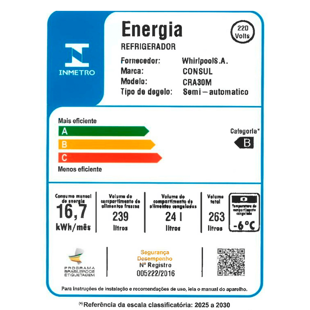 Geladeira Consul 263L 1 Porta Degelo Seco CRA30MB