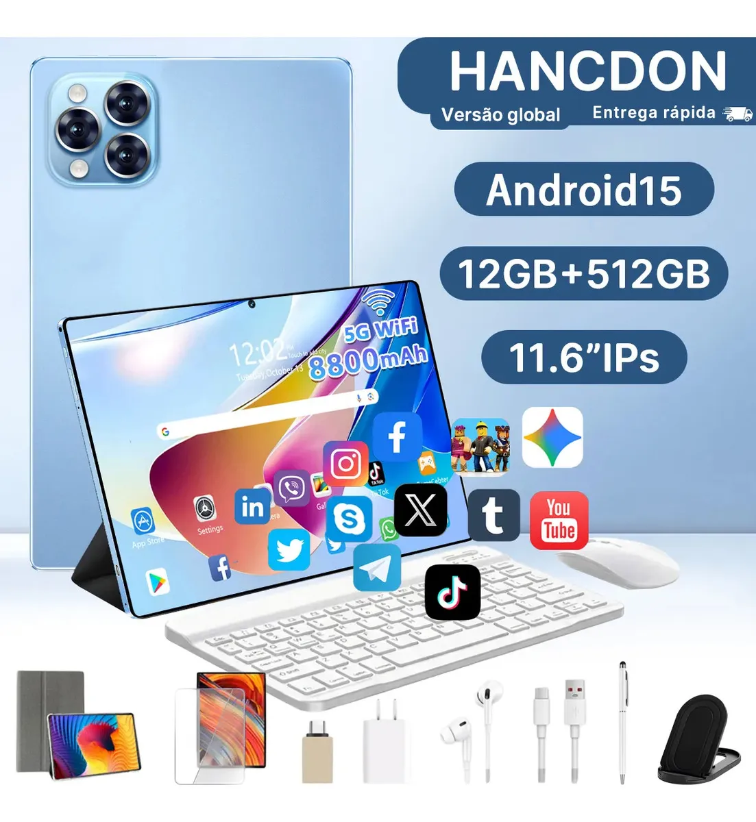 Tablet Hancdon Android 15 Kit Completo 12GB RAM 512GB 11.6"