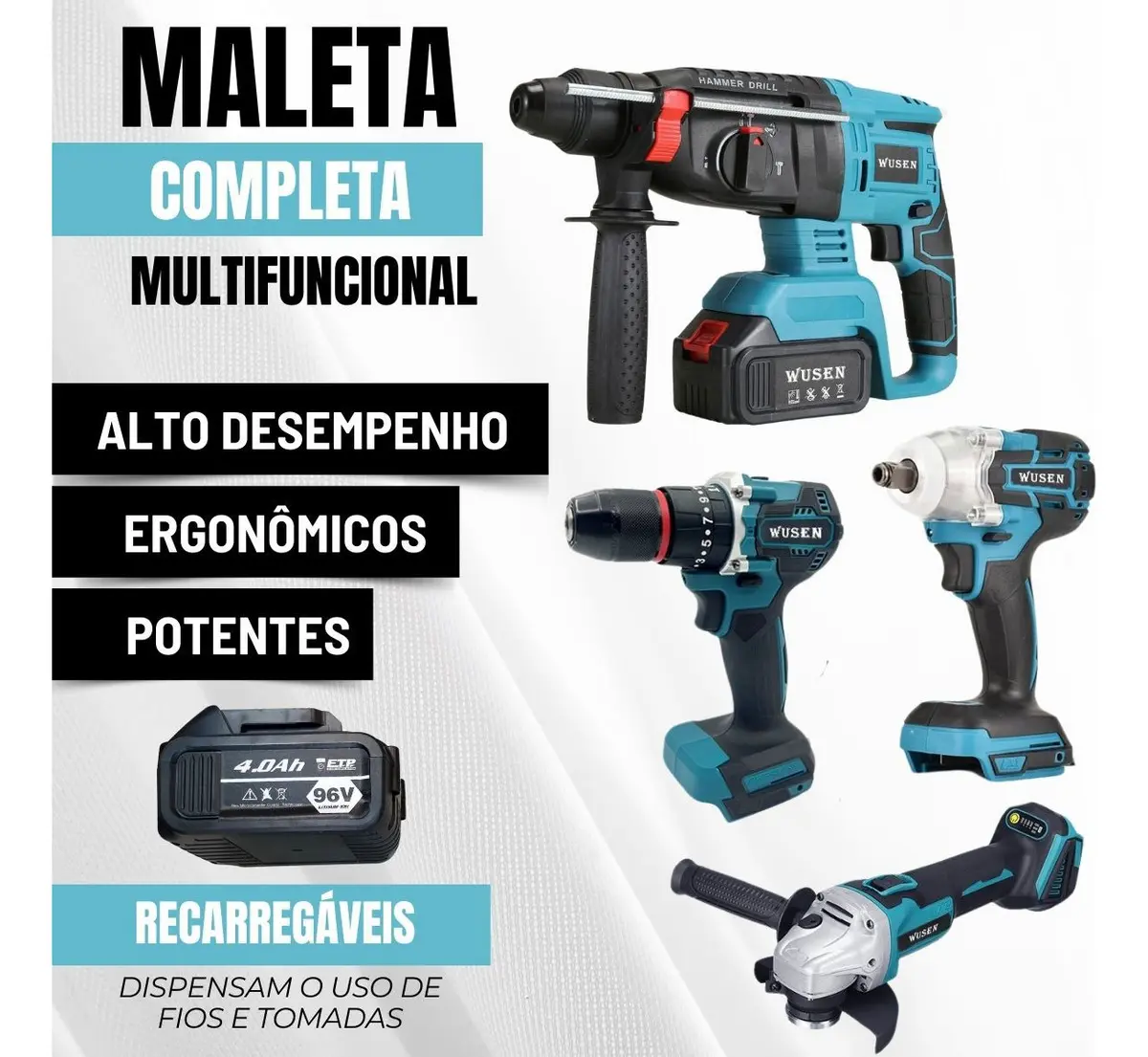 Kit Maleta 4 Ferramentas Furadeira Martelete Esmerilhadeira