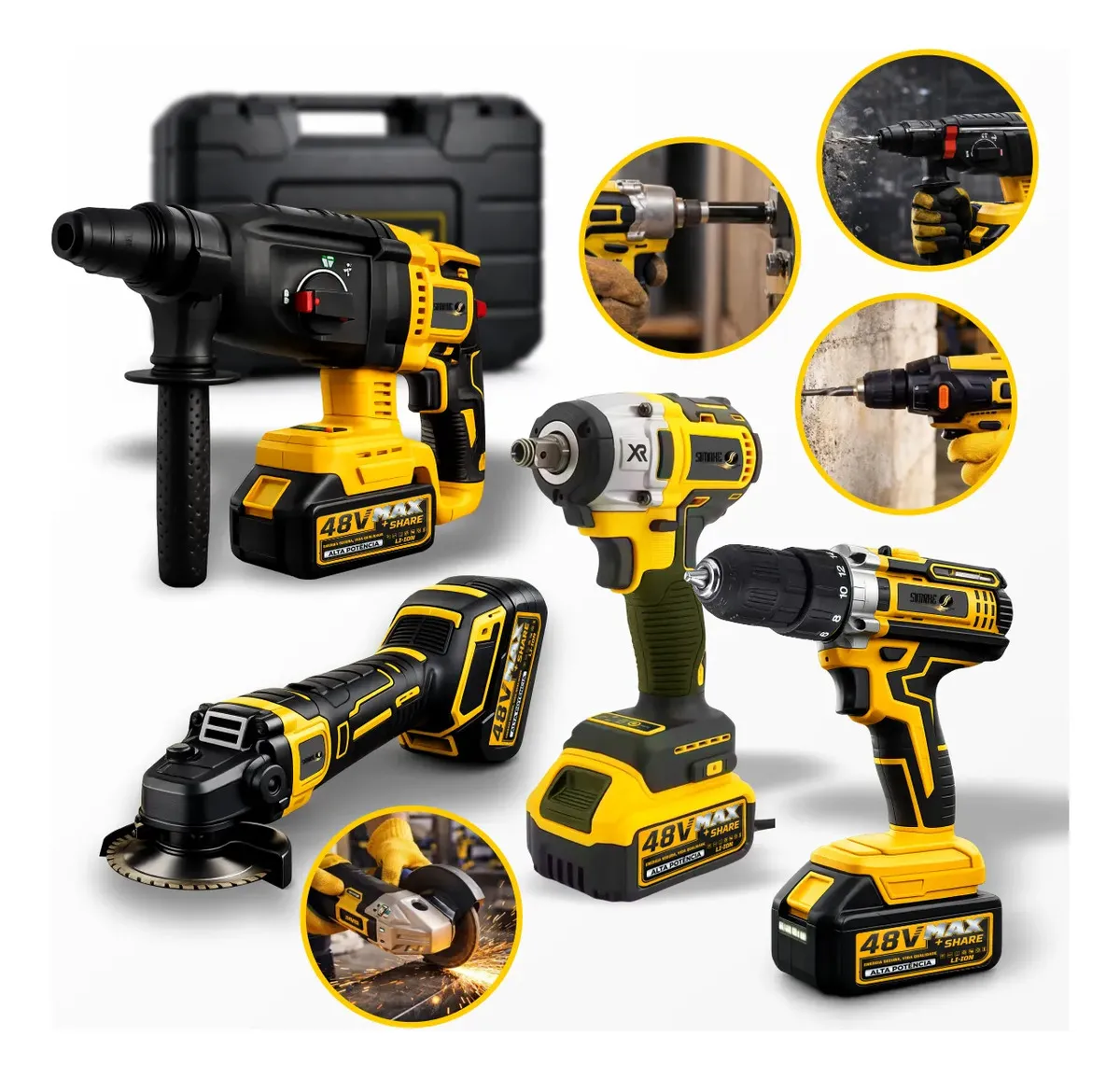 Kit Ferramentas 4 em 1 Simake 48V Sem Fio com 2 Baterias: Furadeira, Martelete, Esmerilhadeira e Chave de Impacto com Maleta