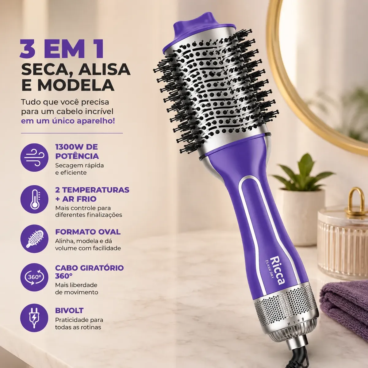 Escova Secadora Alisadora Modeladora 3 Em 1