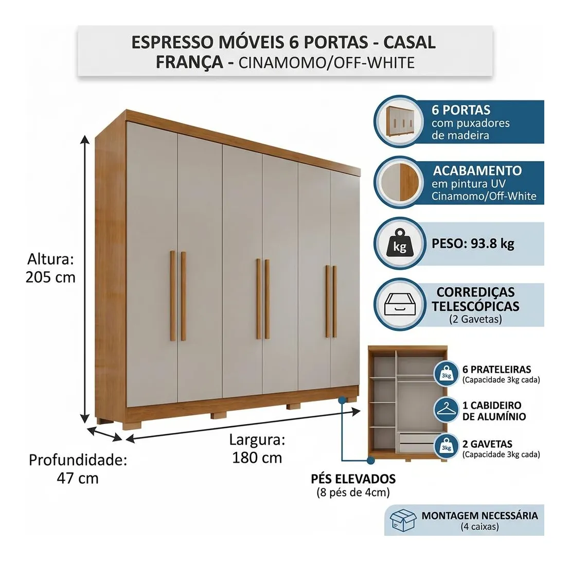 Guarda-roupa Casal 6 Portas 2 Gavetas França